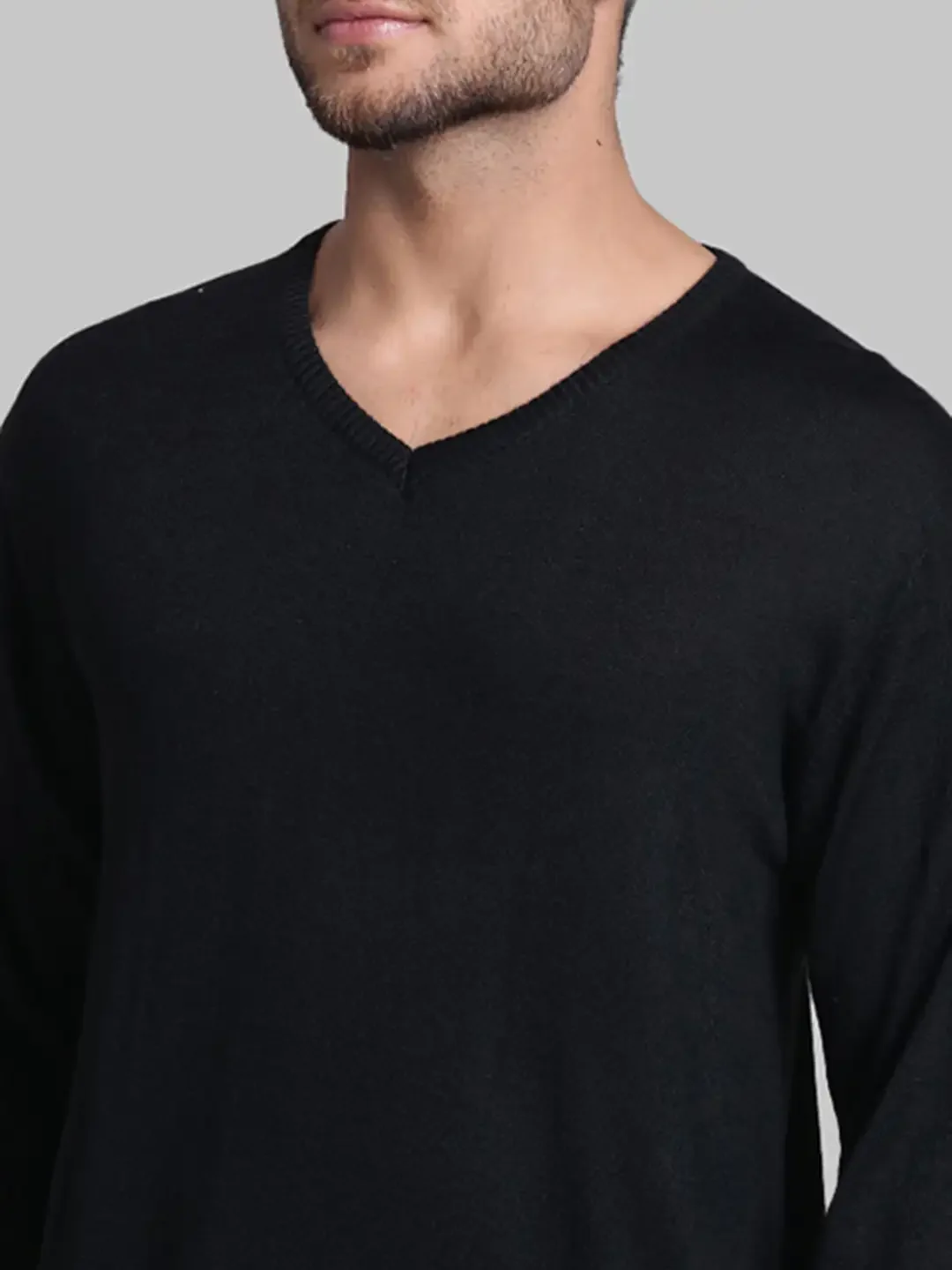 Men Black Regular Fit Solid Wool Blend Full Sleeve V Neck Collar Sweaters - Image 6