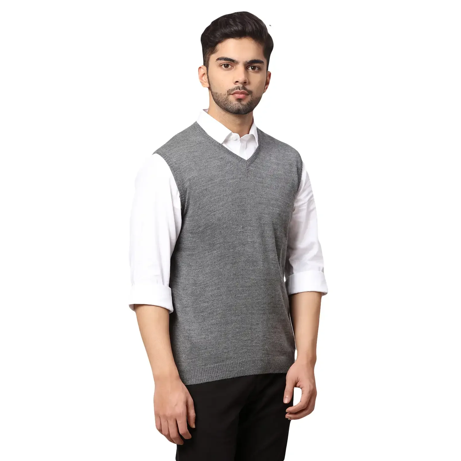 Men Black Regular Fit Solid Wool Blend Sleeveless V Neck Collar Sweaters - Image 2