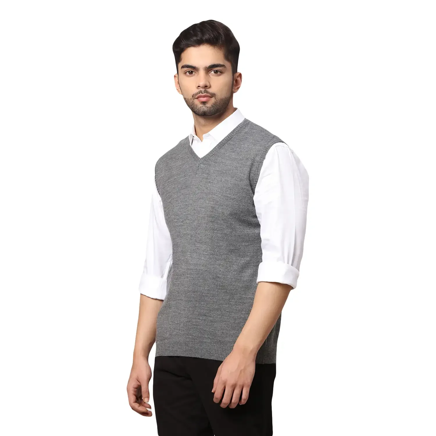 Men Black Regular Fit Solid Wool Blend Sleeveless V Neck Collar Sweaters - Image 3