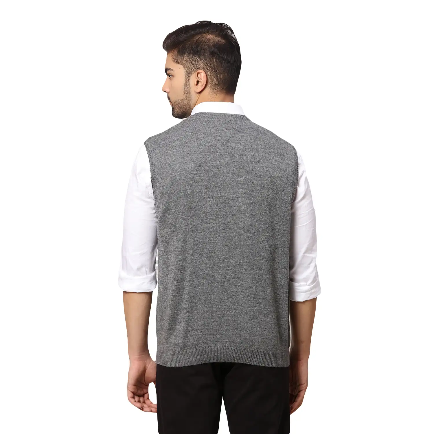 Men Black Regular Fit Solid Wool Blend Sleeveless V Neck Collar Sweaters - Image 4