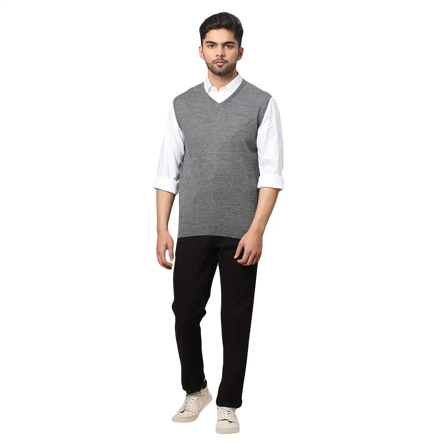 Men Black Regular Fit Solid Wool Blend Sleeveless V Neck Collar Sweaters - Image 5