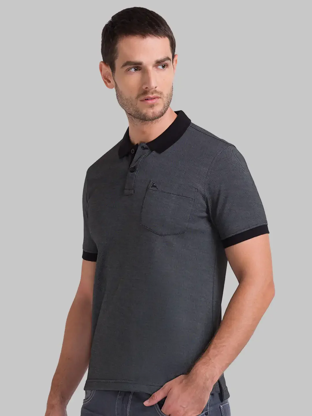 Men Black Regular Fit Structure Cotton Round Neck Collar Polo T-Shirt - Image 3