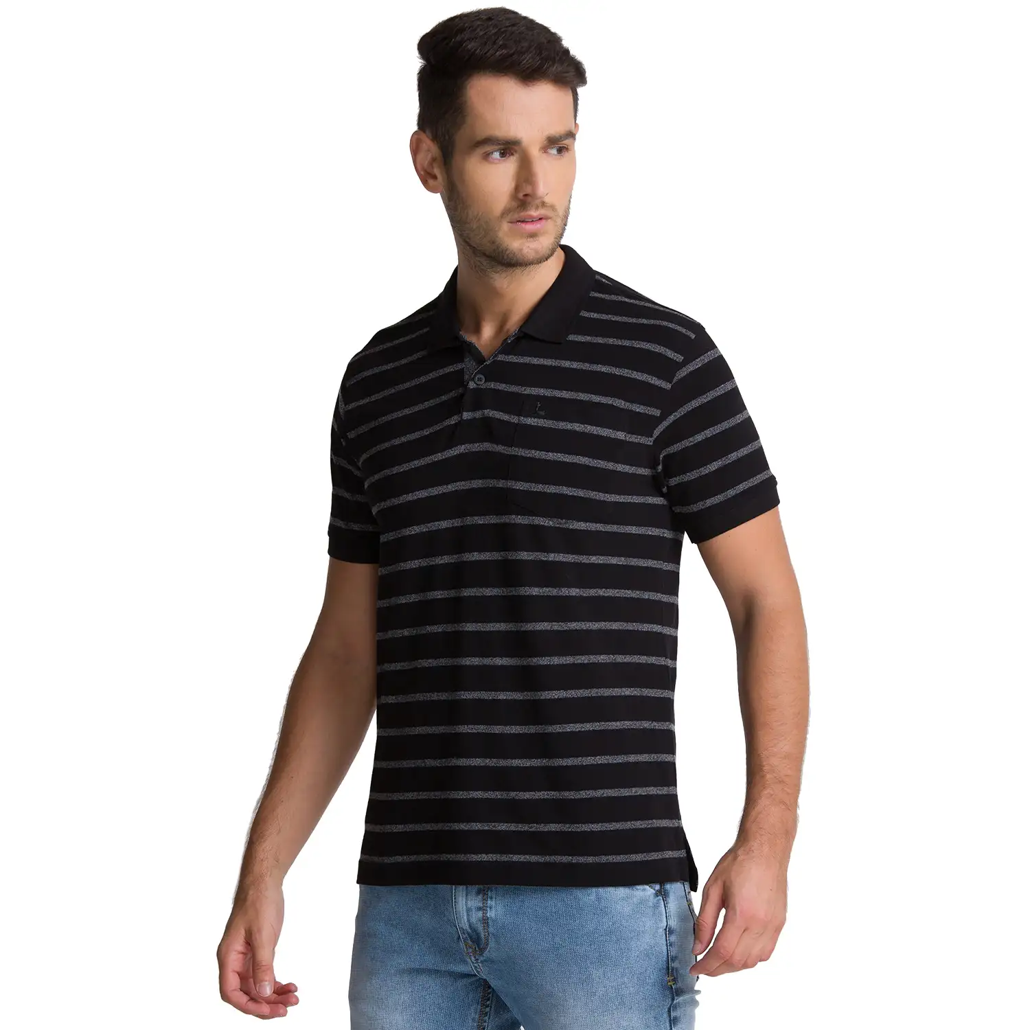 Men Black Regular Fit Yarn Dyed Cotton Round Neck Collar Polo T-Shirt - Image 3