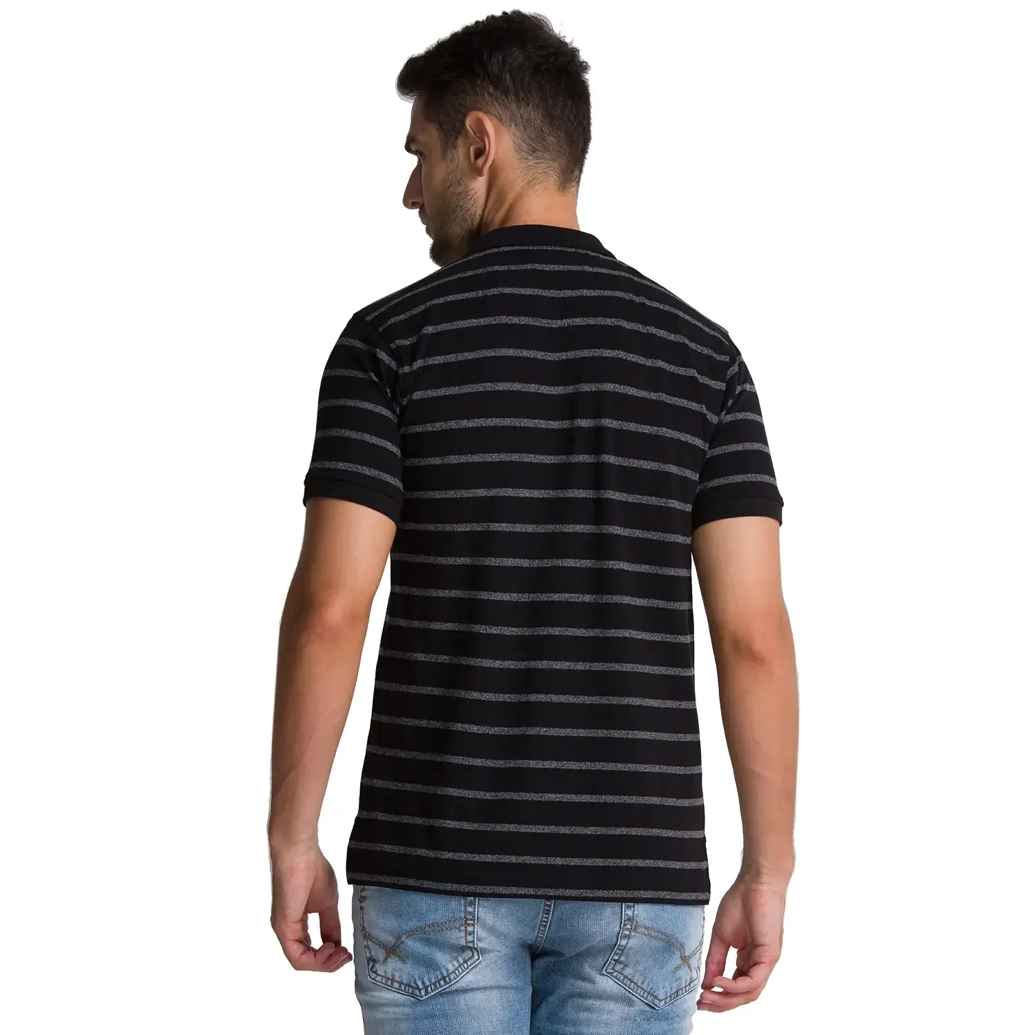 Men Black Regular Fit Yarn Dyed Cotton Round Neck Collar Polo T-Shirt - Image 4