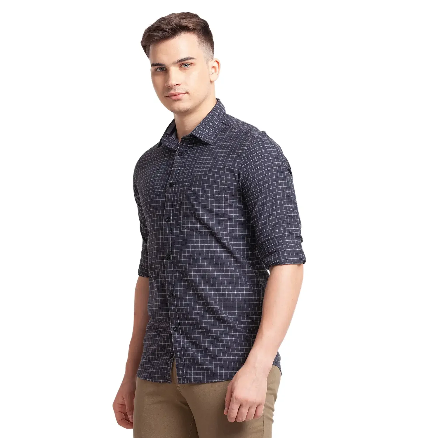 Men Black Slim Fit Checks Cotton Full Sleeve Shirts - Image 3