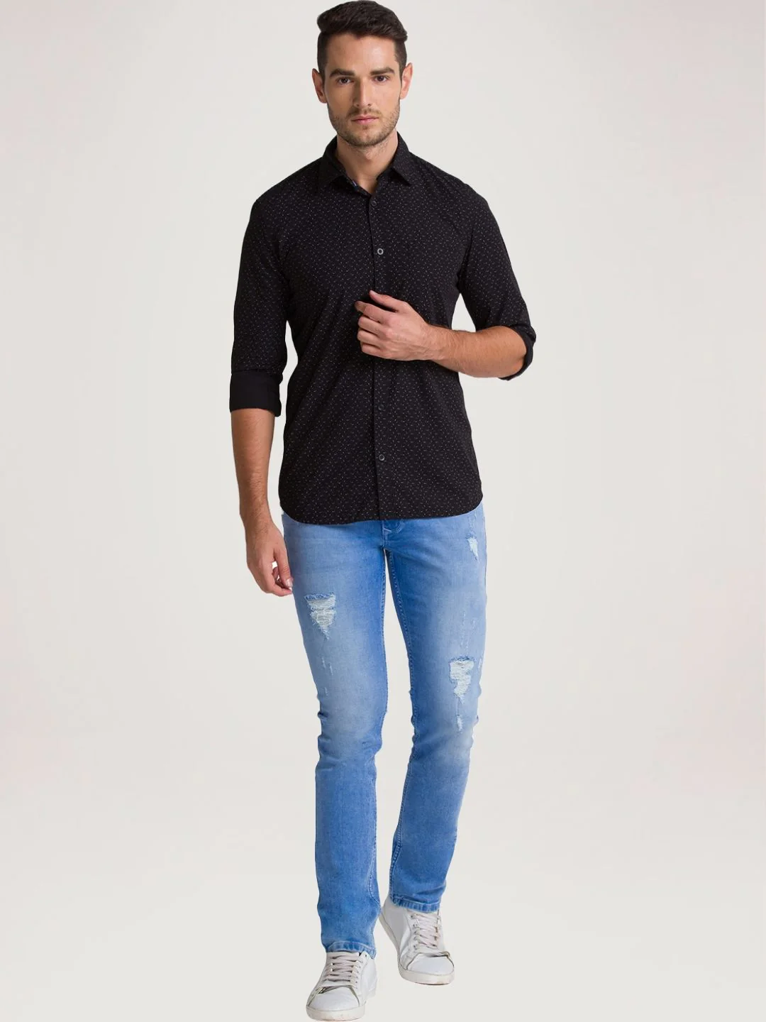 Men Black Slim Fit Print Bamboo Microfiber Blend Full Sleeve Shirts - Image 2