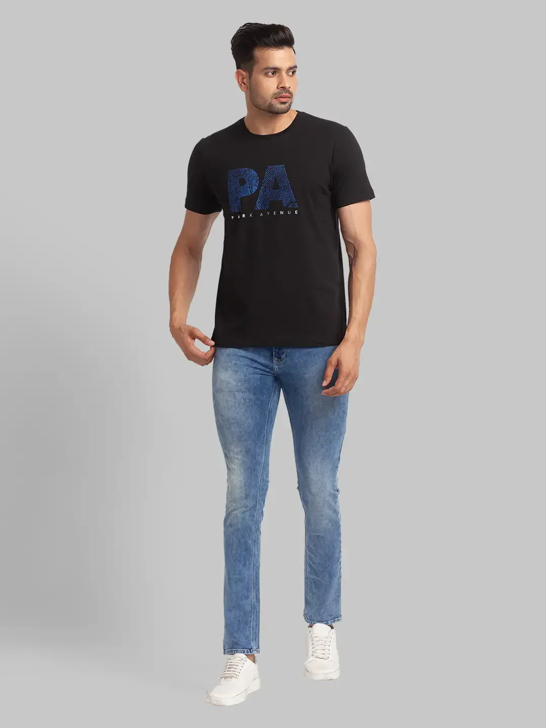 Men Black Slim Fit Print Cotton Blend Crew Neck Collar T-Shirt - Image 5