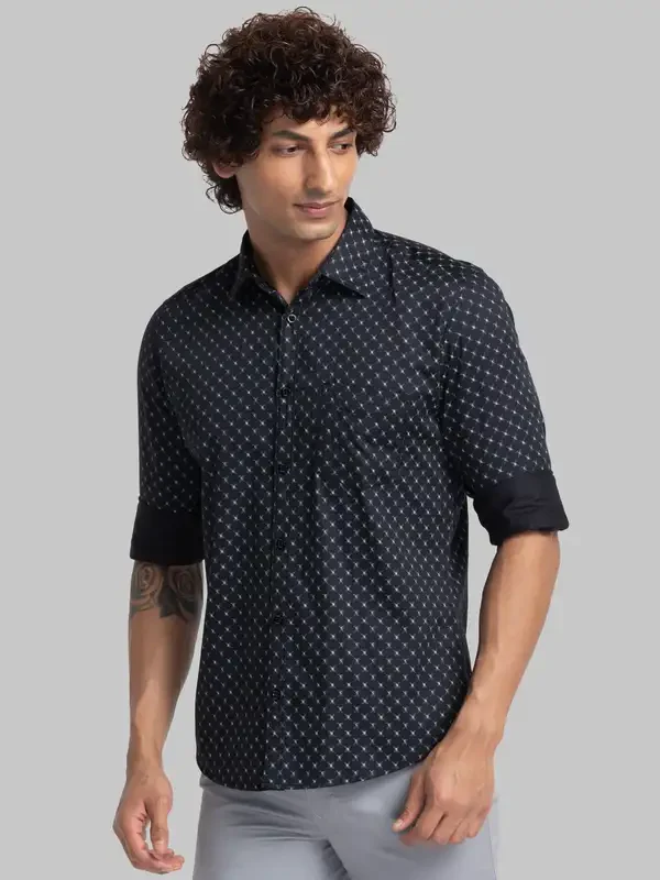 Men Black Slim Fit Print Cotton Blend Full Sleeve Cutway Collar Shirts - Image 3