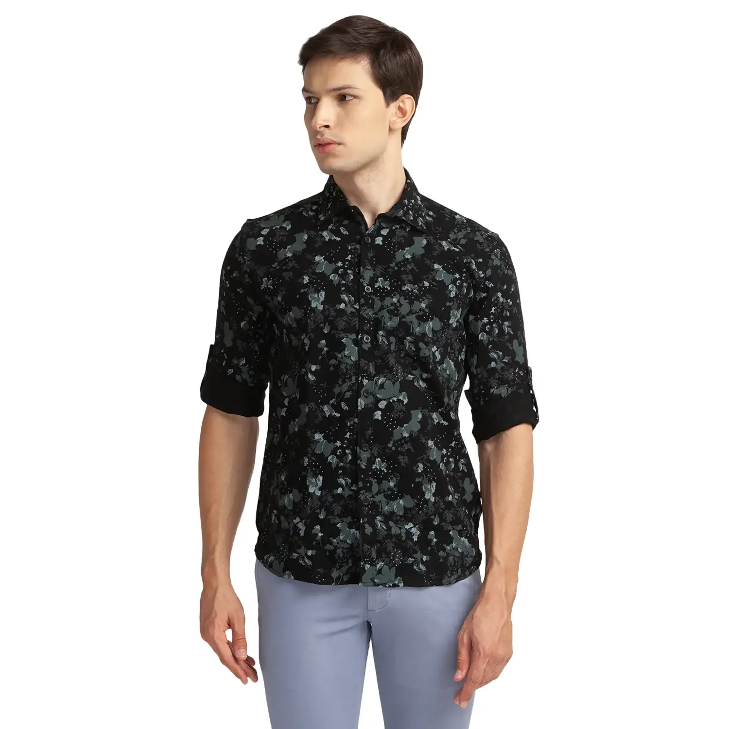 Men Black Slim Fit Print Cotton Full Sleeve Shirts