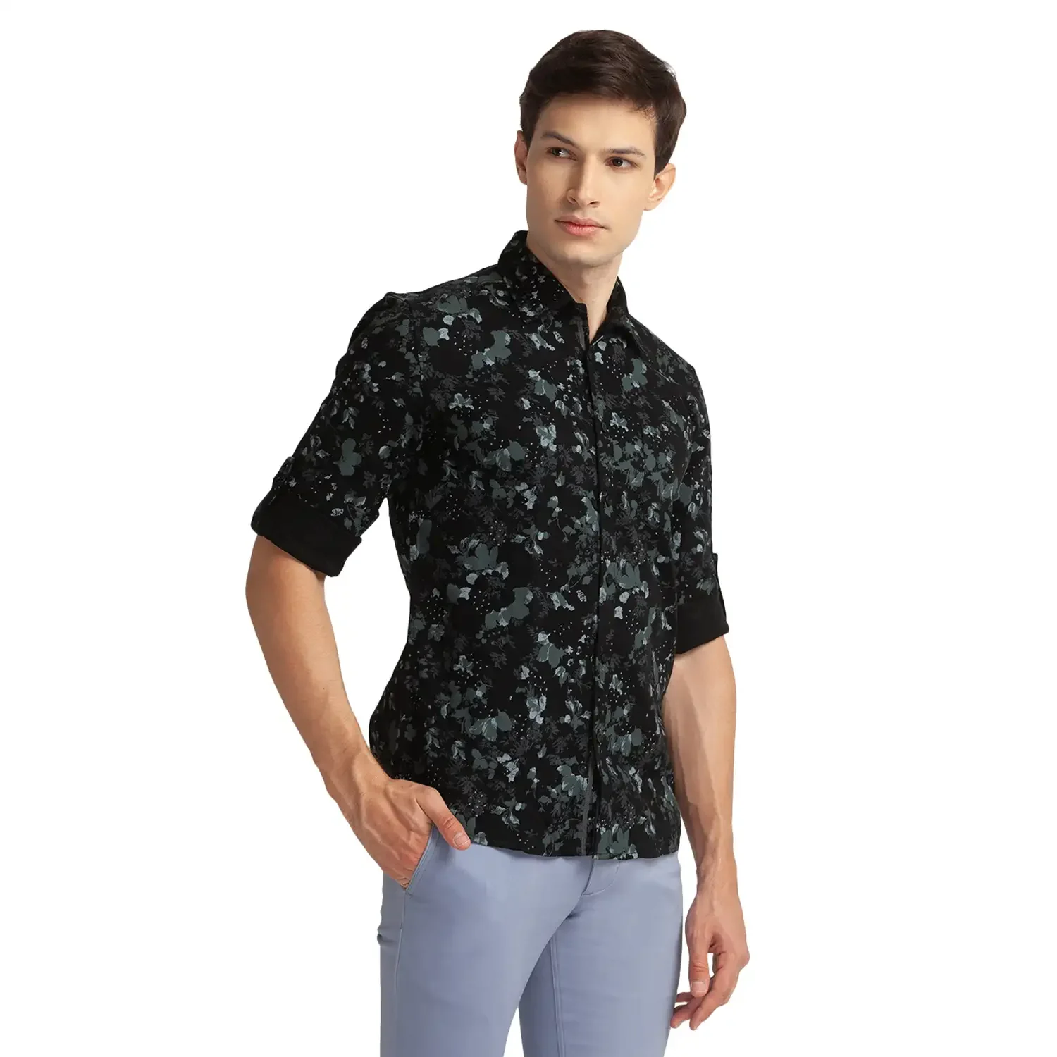 Men Black Slim Fit Print Cotton Full Sleeve Shirts - Image 2