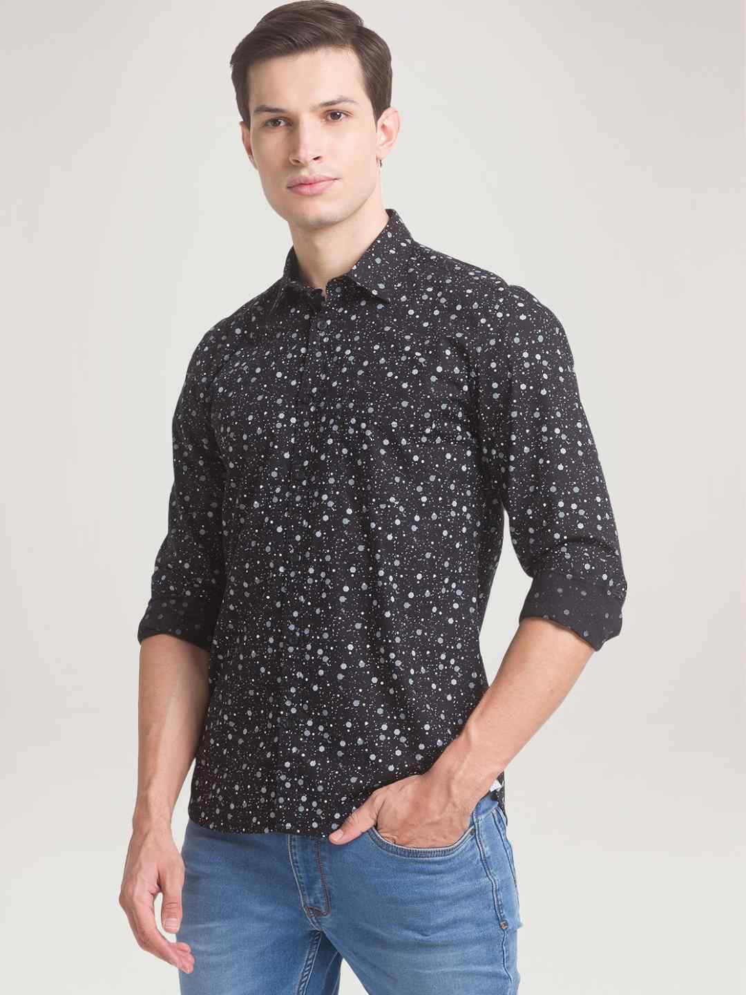 Men Black Slim Fit Print Cotton Full Sleeve Shirts