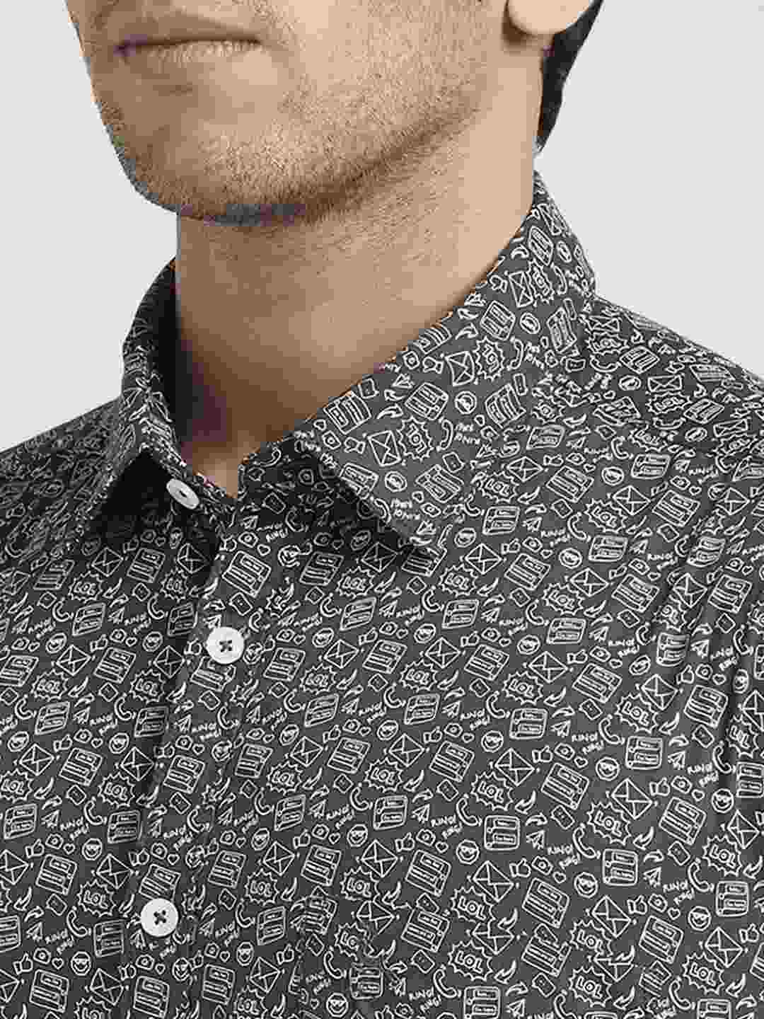 Men Black Slim Fit Print Cotton Full Sleeve Shirts