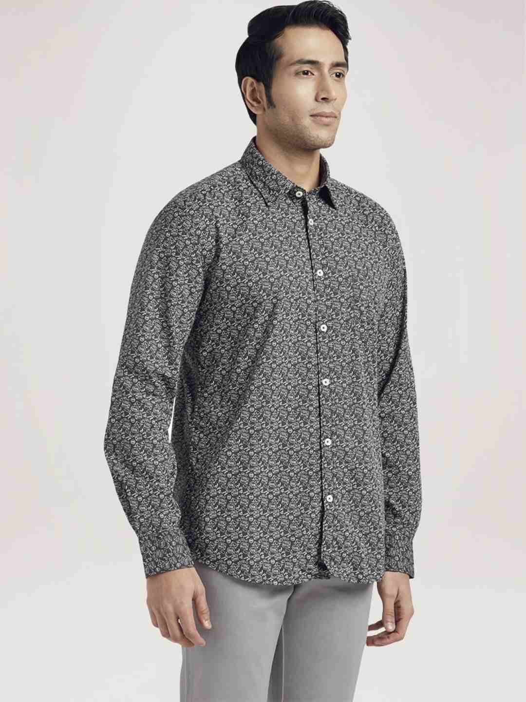 Men Black Slim Fit Print Cotton Full Sleeve Shirts - Image 5