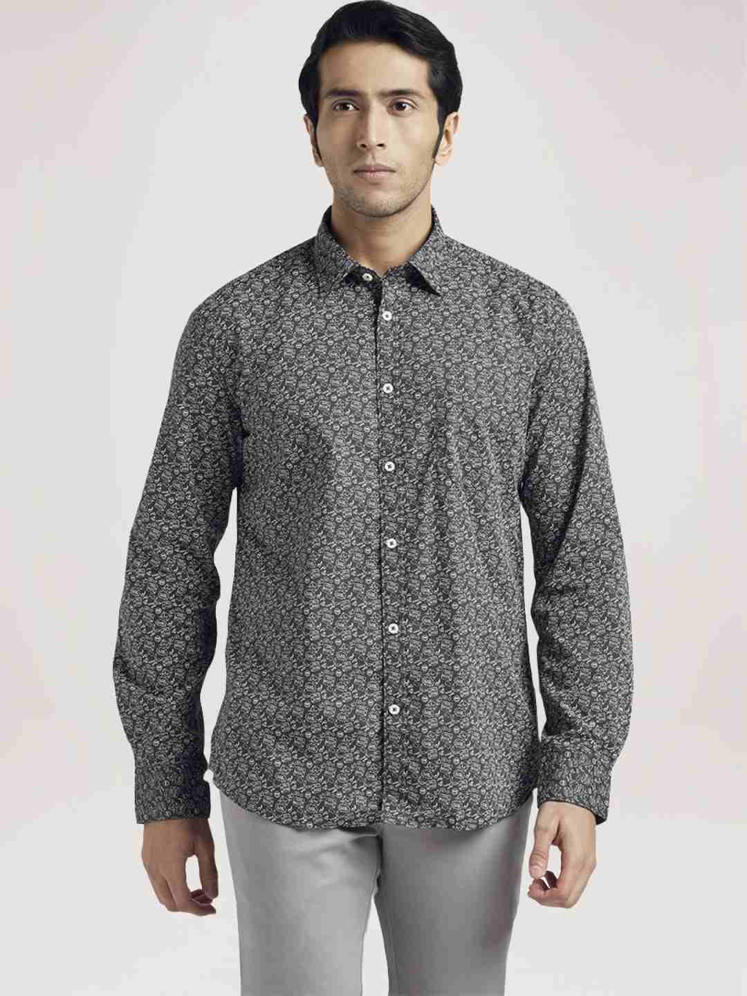 Men Black Slim Fit Print Cotton Full Sleeve Shirts - Image 6