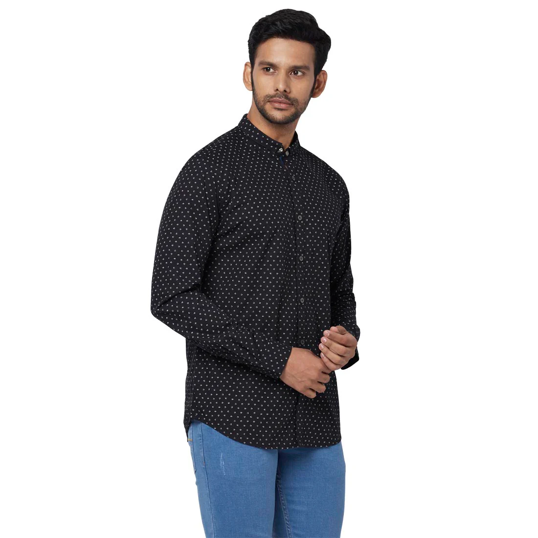 Men Black Slim Fit Print Cotton Short Collar Shirts - Image 2