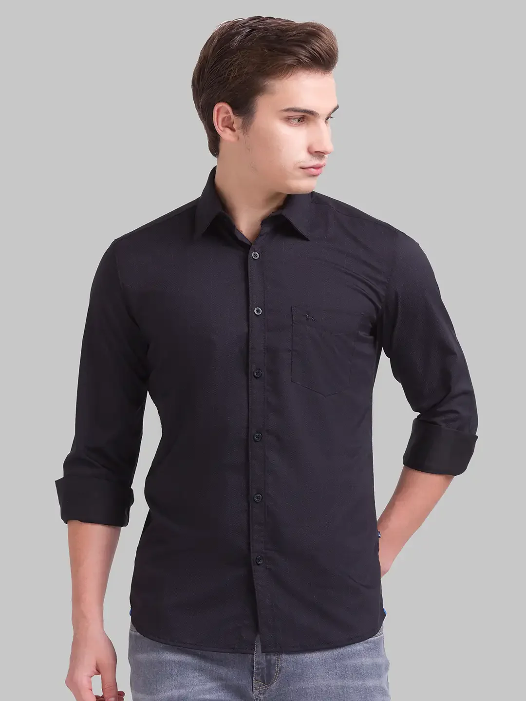 Men Black Slim Fit Print Polyester Blend Full Sleeve Shirts