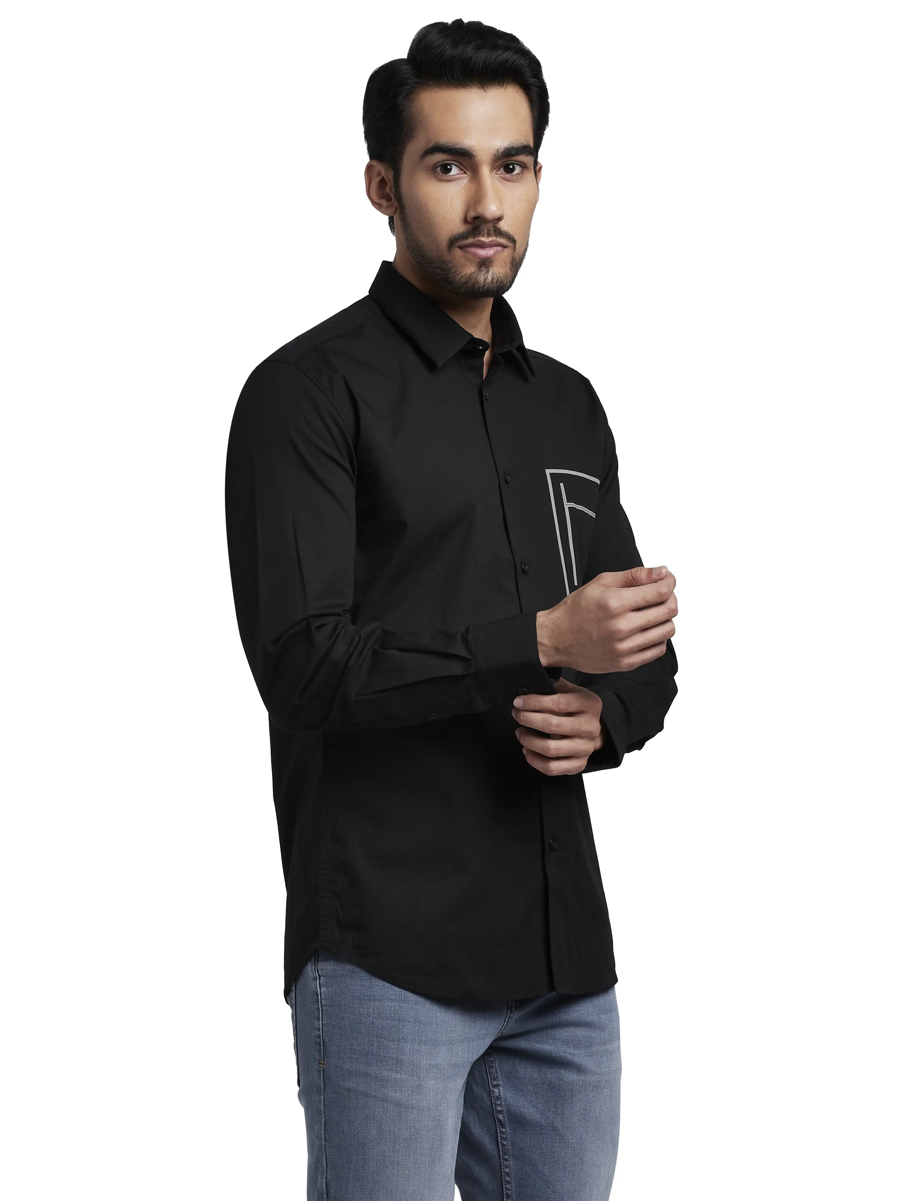 Men Black Slim Fit Solid Cotton Blend Full Sleeve Shirts - Image 2