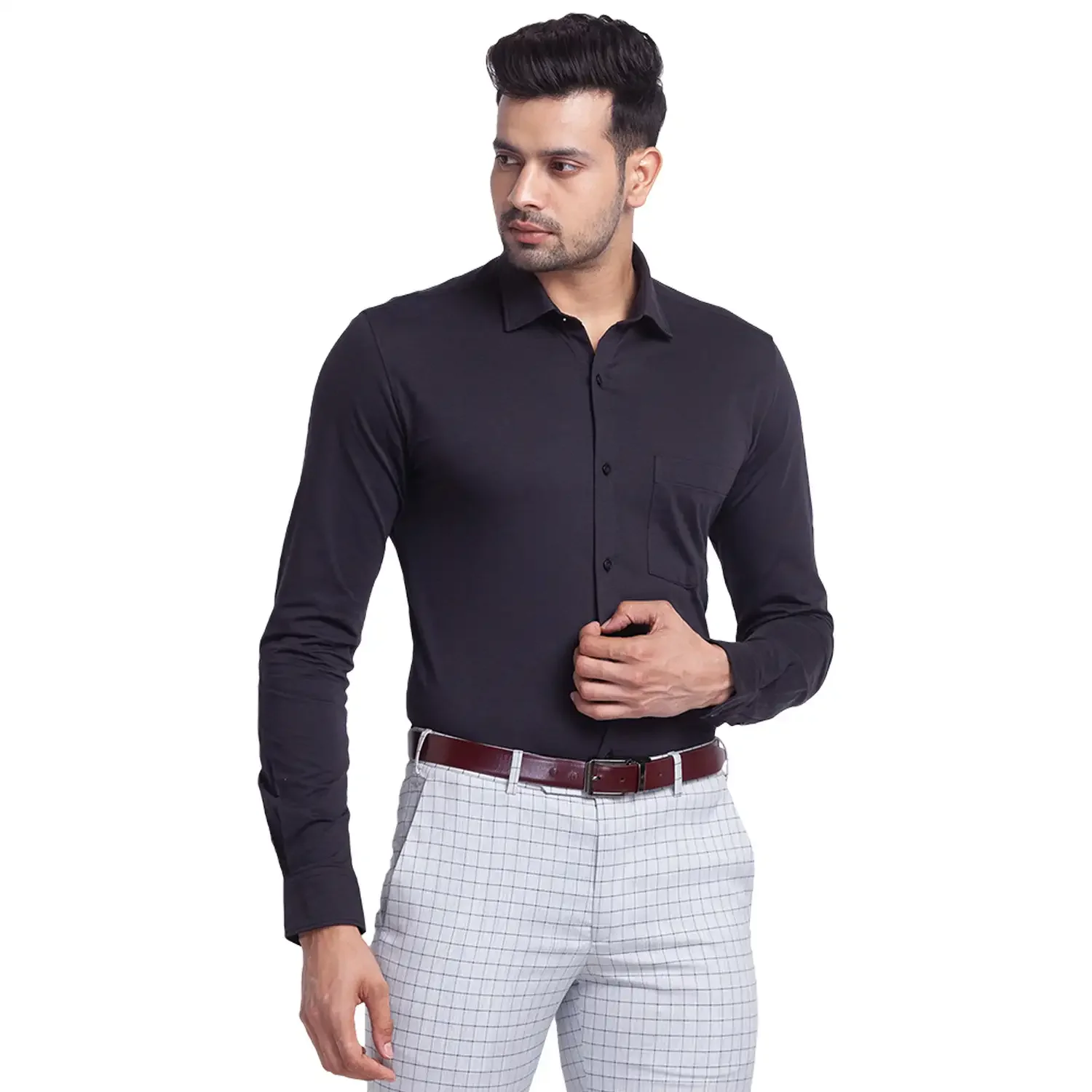 Men Black Slim Fit Solid Cotton Blend Shirts - Image 2