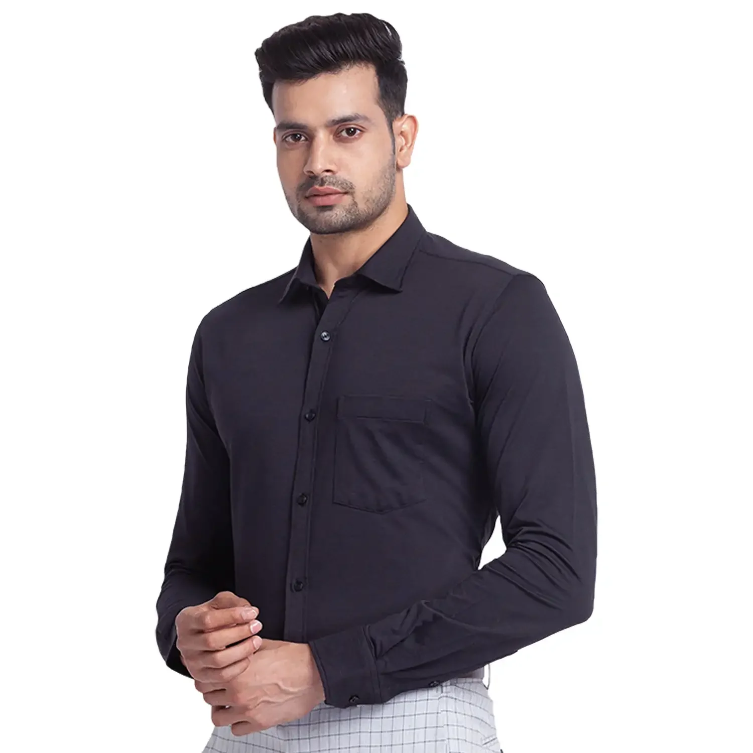 Men Black Slim Fit Solid Cotton Blend Shirts - Image 3