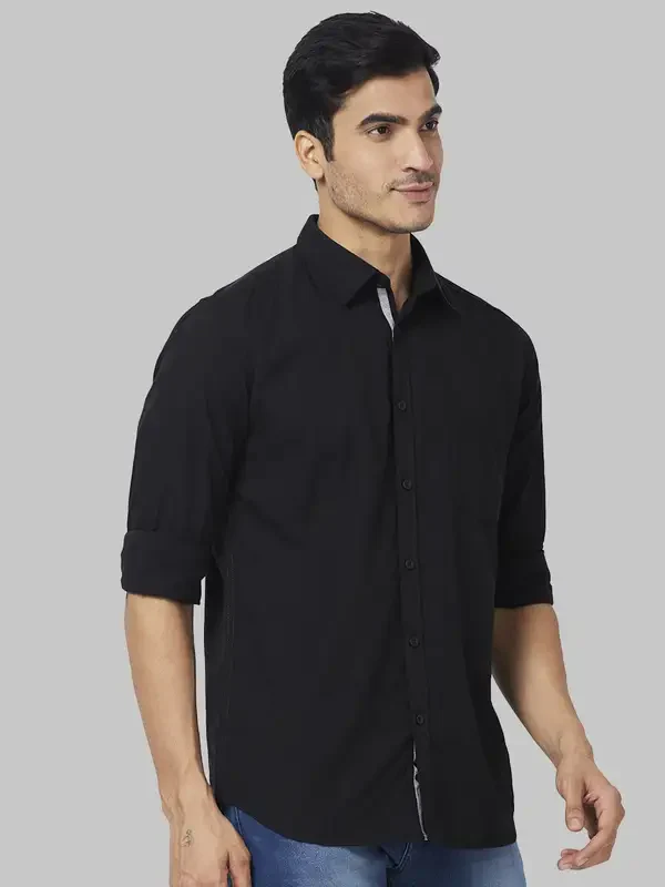 Men Black Slim Fit Solid Cotton Full Sleeve Shirts - Image 2