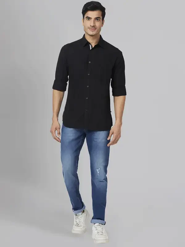 Men Black Slim Fit Solid Cotton Full Sleeve Shirts - Image 5