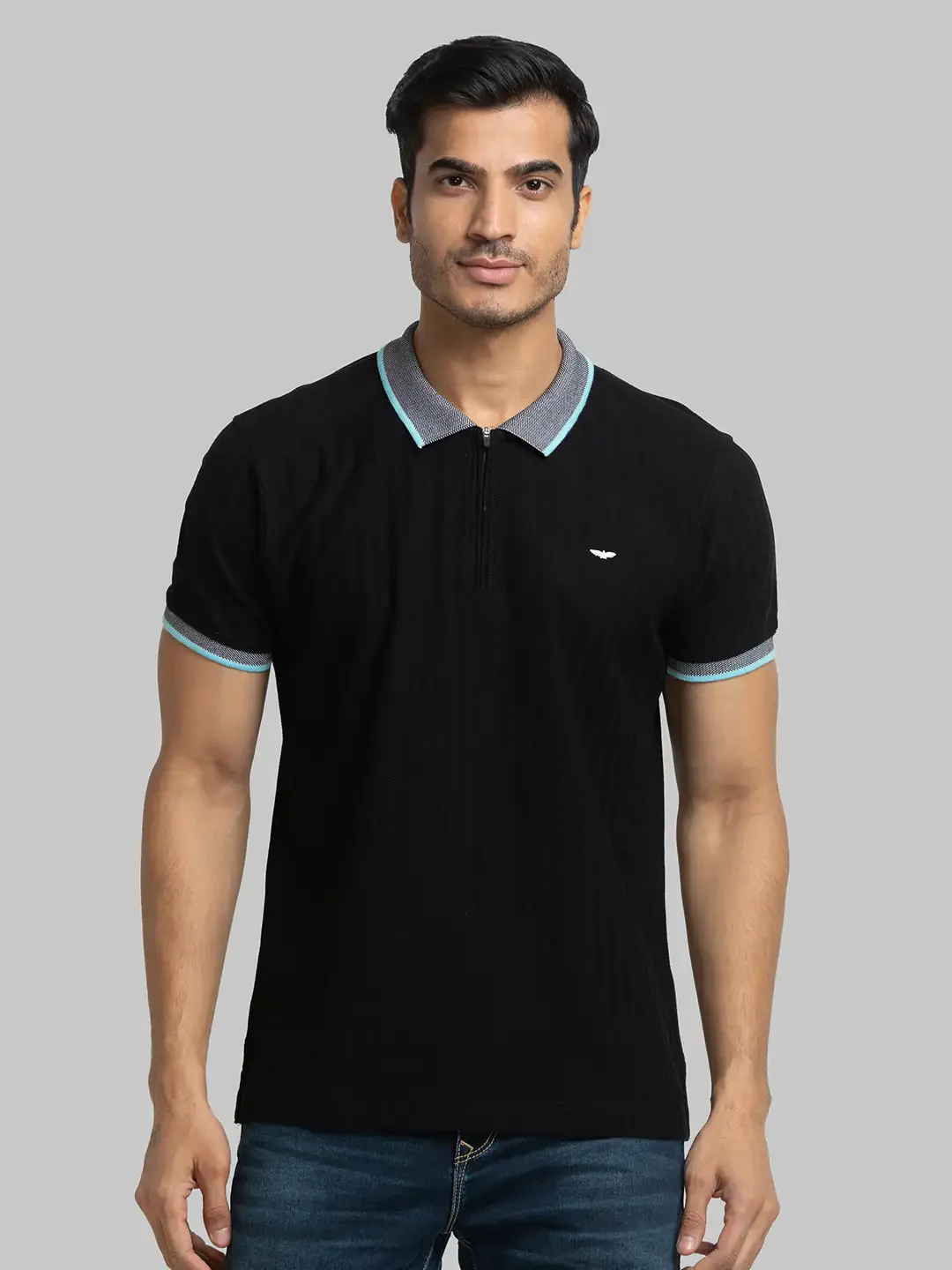 Men Black Slim Fit Solid Cotton Round Neck Collar Polo T-Shirt