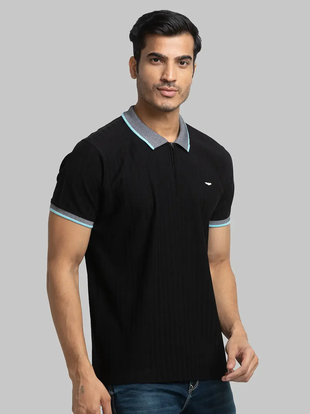 Men Black Slim Fit Solid Cotton Round Neck Collar Polo T-Shirt - Image 2