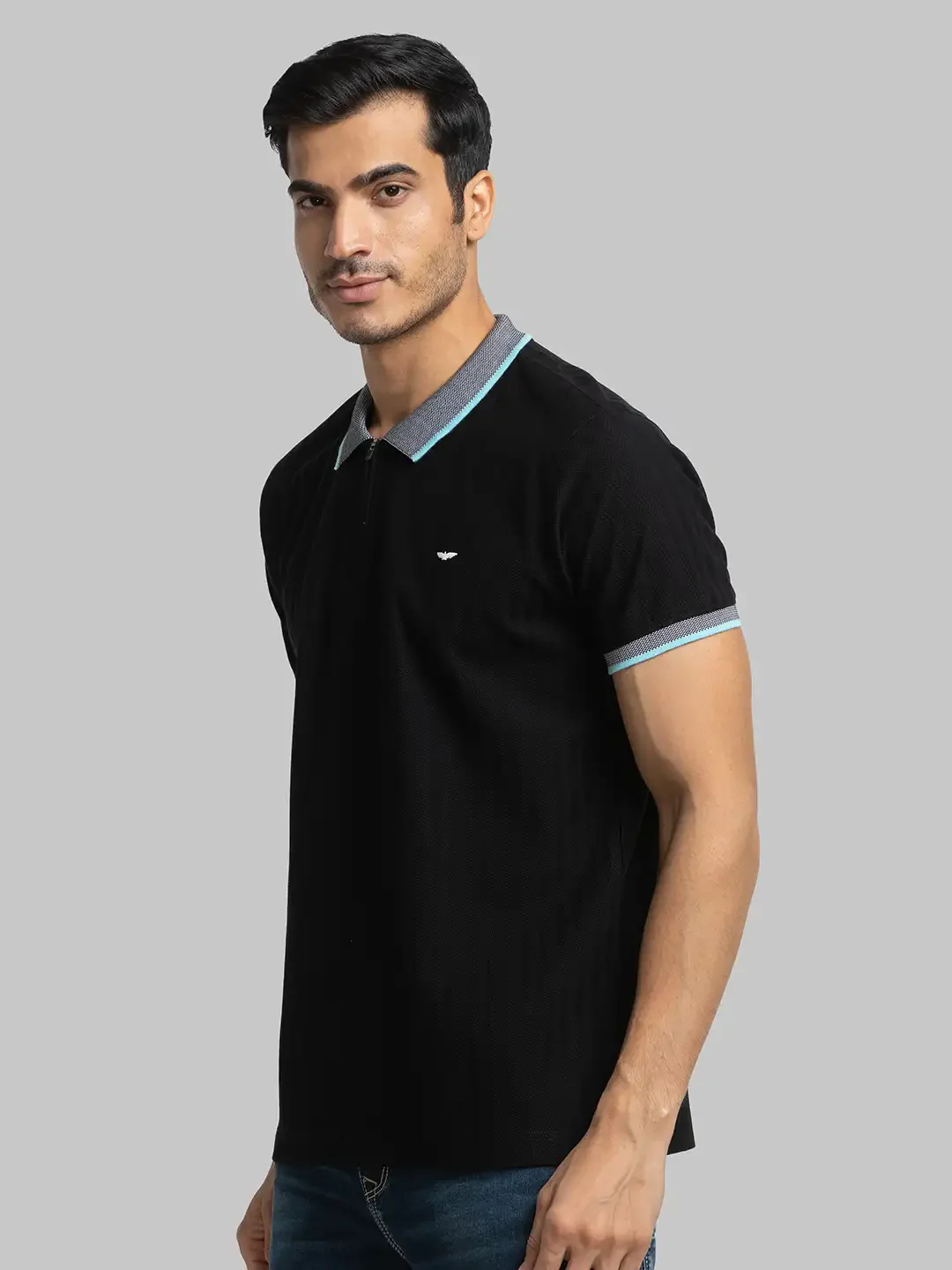 Men Black Slim Fit Solid Cotton Round Neck Collar Polo T-Shirt - Image 3