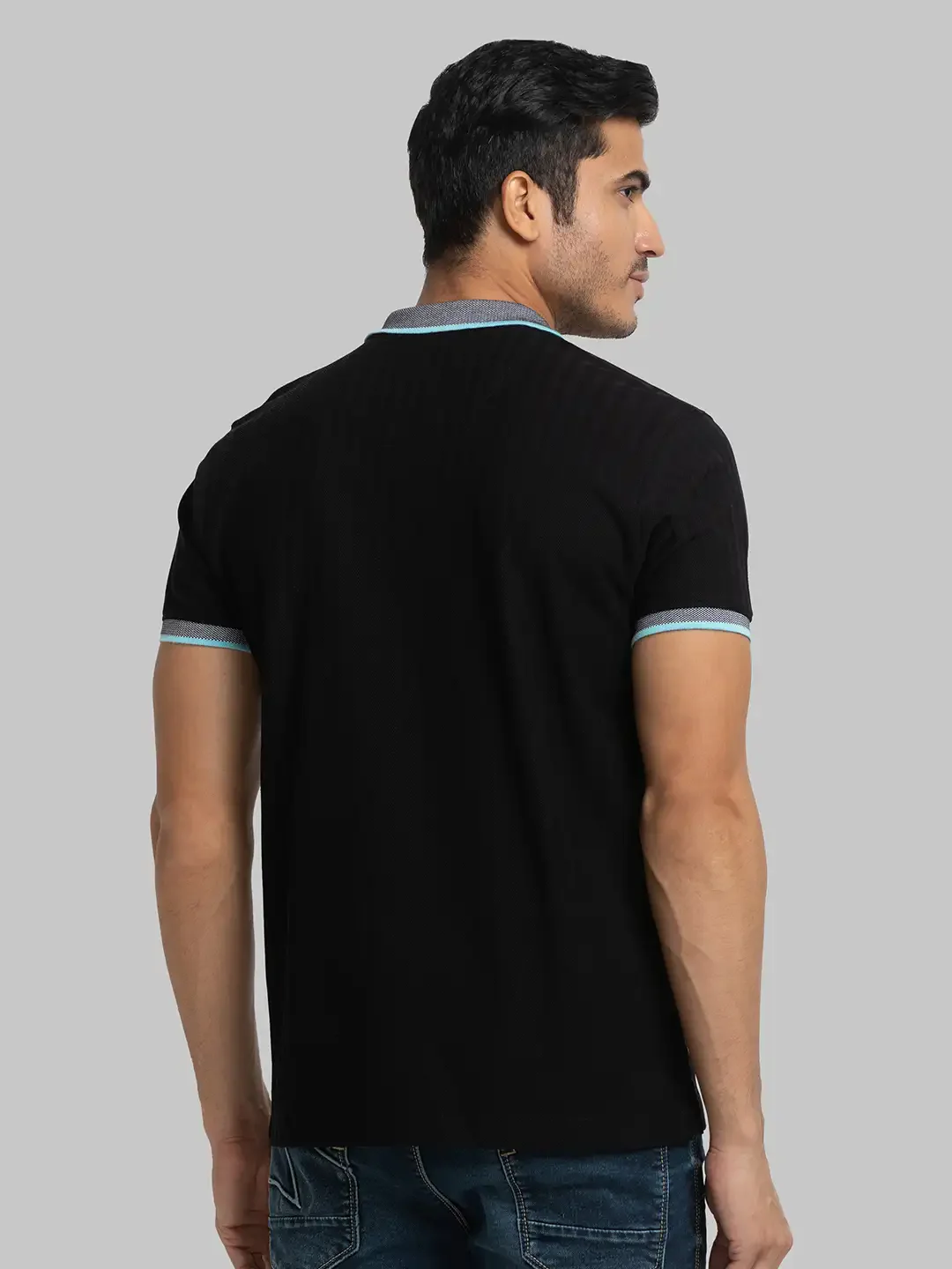 Men Black Slim Fit Solid Cotton Round Neck Collar Polo T-Shirt - Image 4