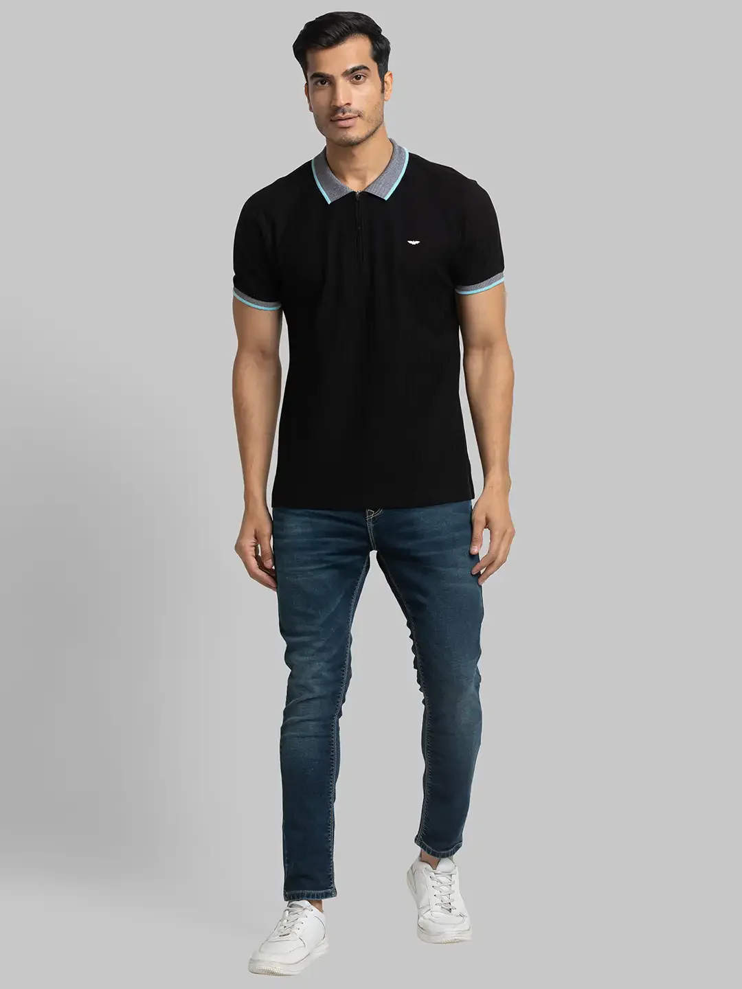 Men Black Slim Fit Solid Cotton Round Neck Collar Polo T-Shirt - Image 5