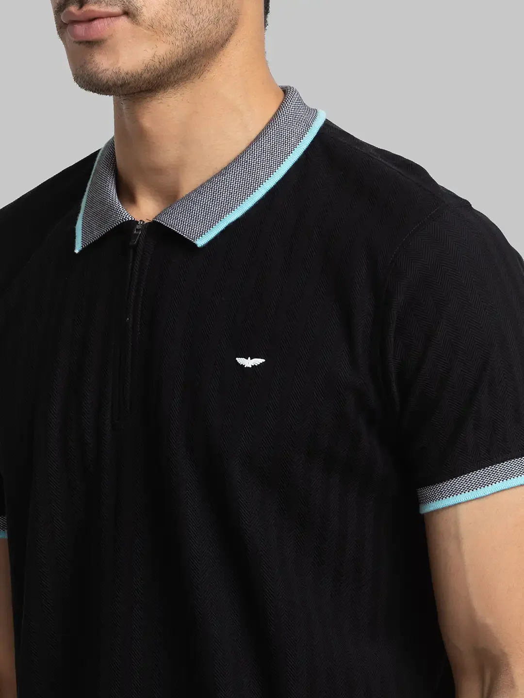 Men Black Slim Fit Solid Cotton Round Neck Collar Polo T-Shirt - Image 6