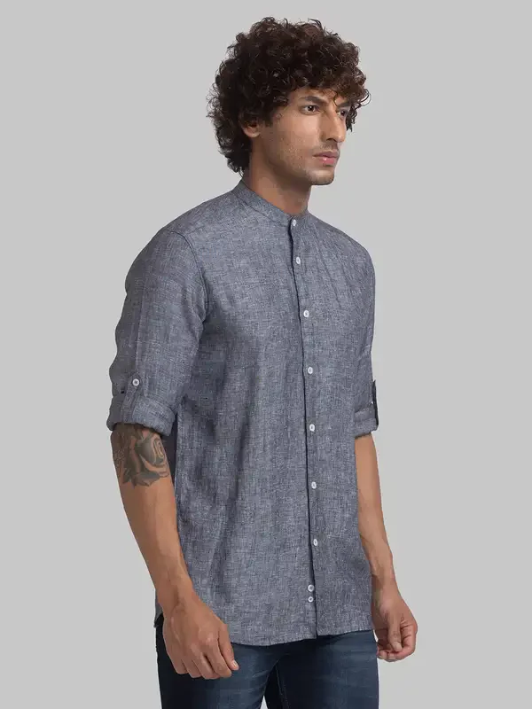 Men Black Slim Fit Solid Linen Full Sleeve Shirts - Image 2