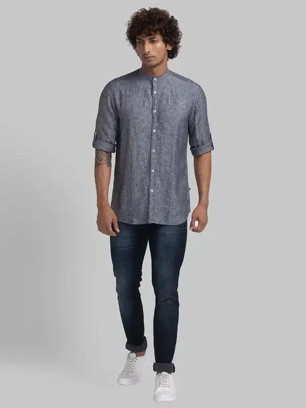 Men Black Slim Fit Solid Linen Full Sleeve Shirts - Image 5