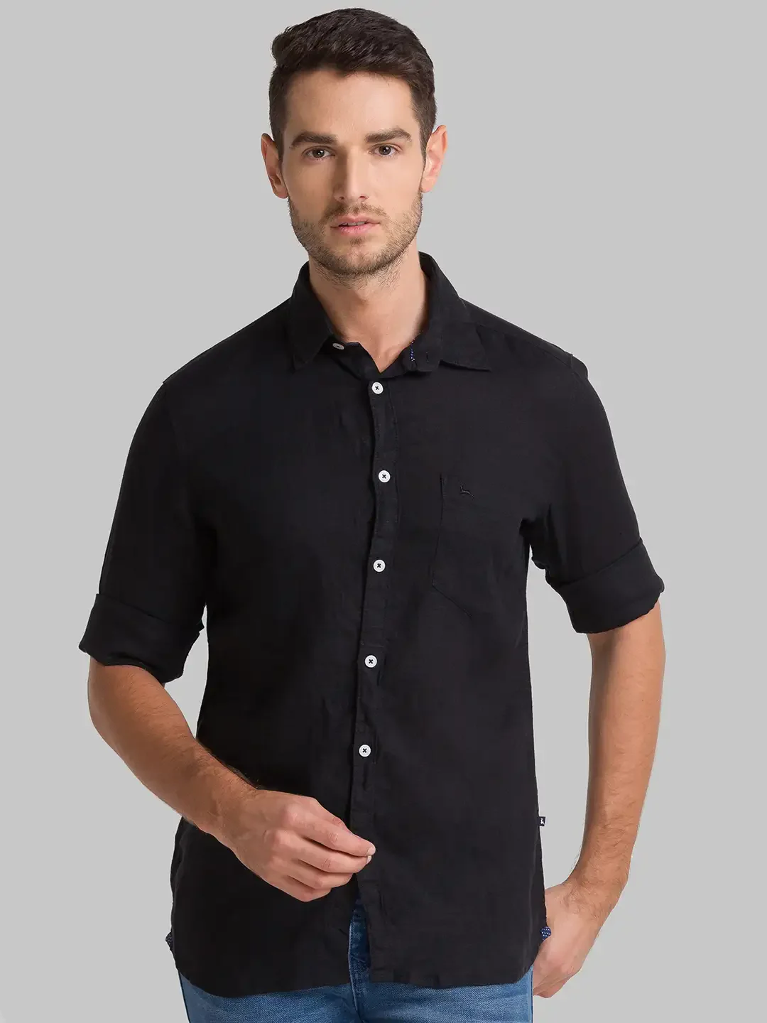 Men Black Slim Fit Solid Linen Full Sleeve Shirts