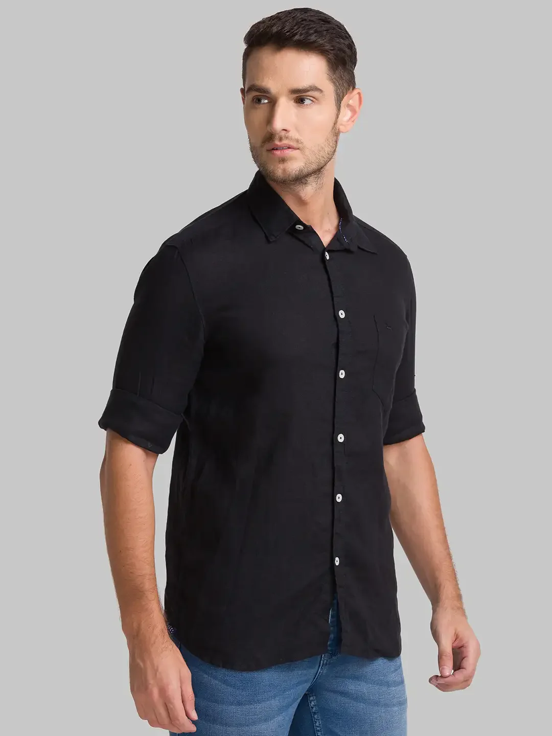 Men Black Slim Fit Solid Linen Full Sleeve Shirts - Image 2