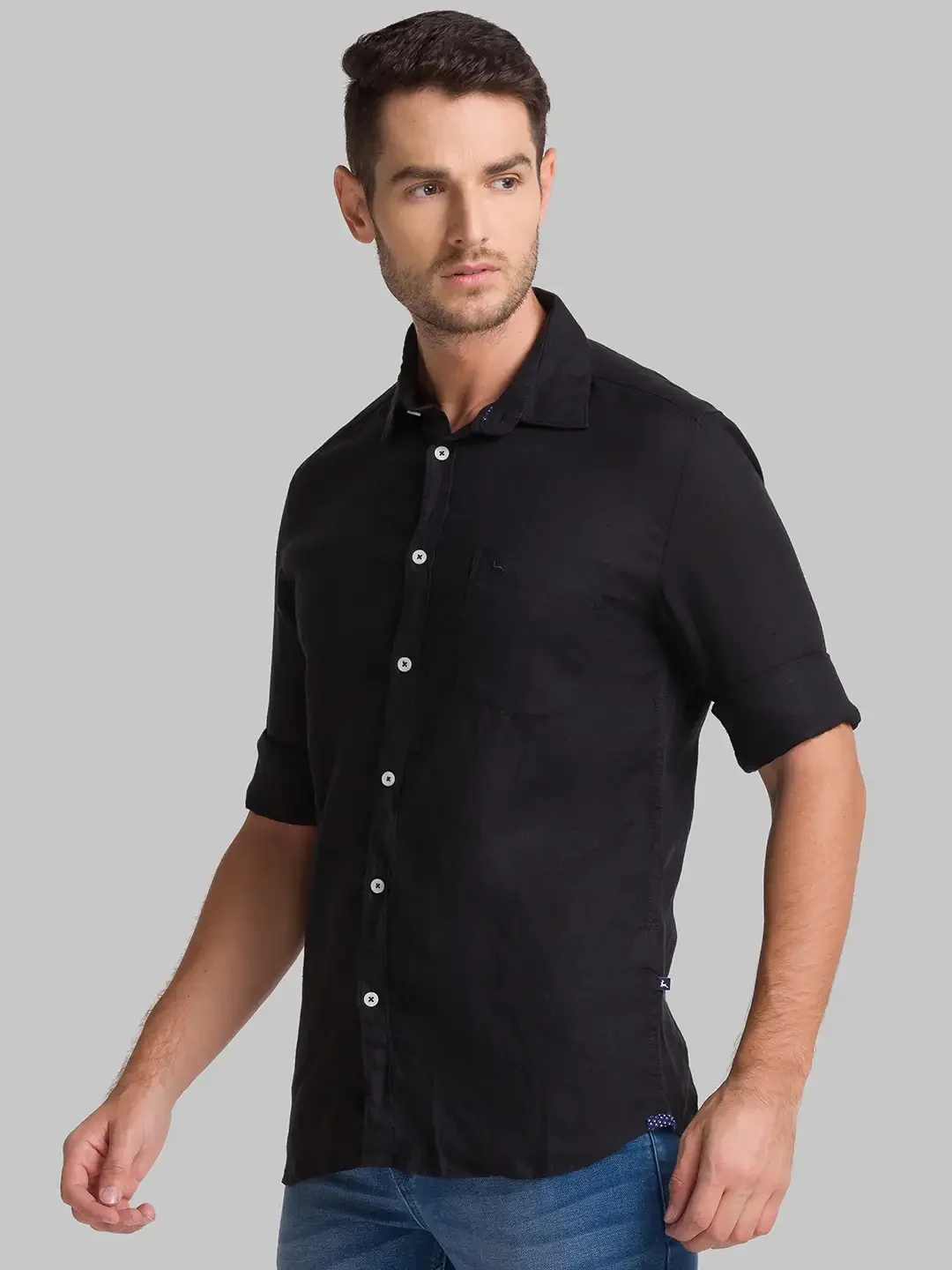 Men Black Slim Fit Solid Linen Full Sleeve Shirts - Image 3