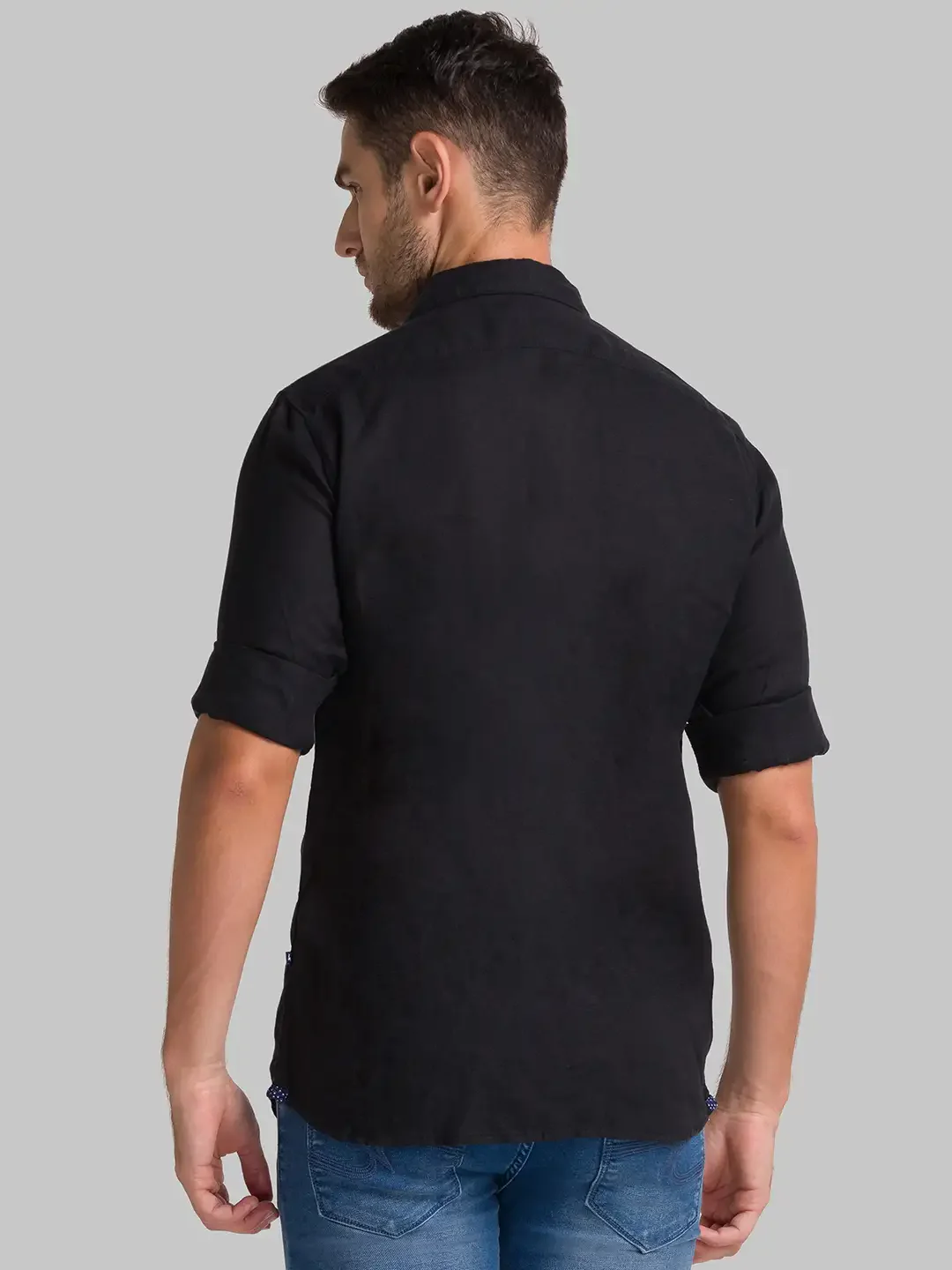 Men Black Slim Fit Solid Linen Full Sleeve Shirts - Image 4