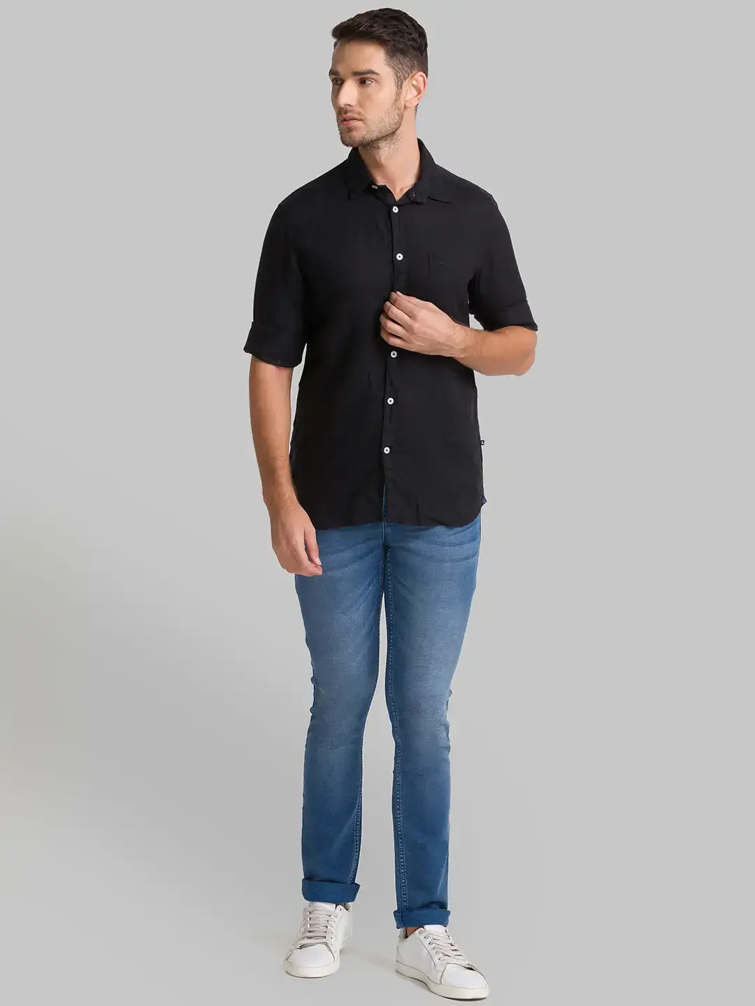 Men Black Slim Fit Solid Linen Full Sleeve Shirts - Image 5