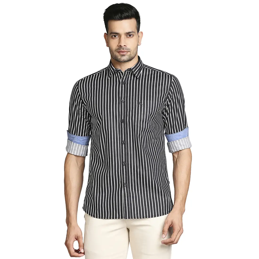 Men Black Slim Fit Stripe Cotton Full Sleeve Shirts