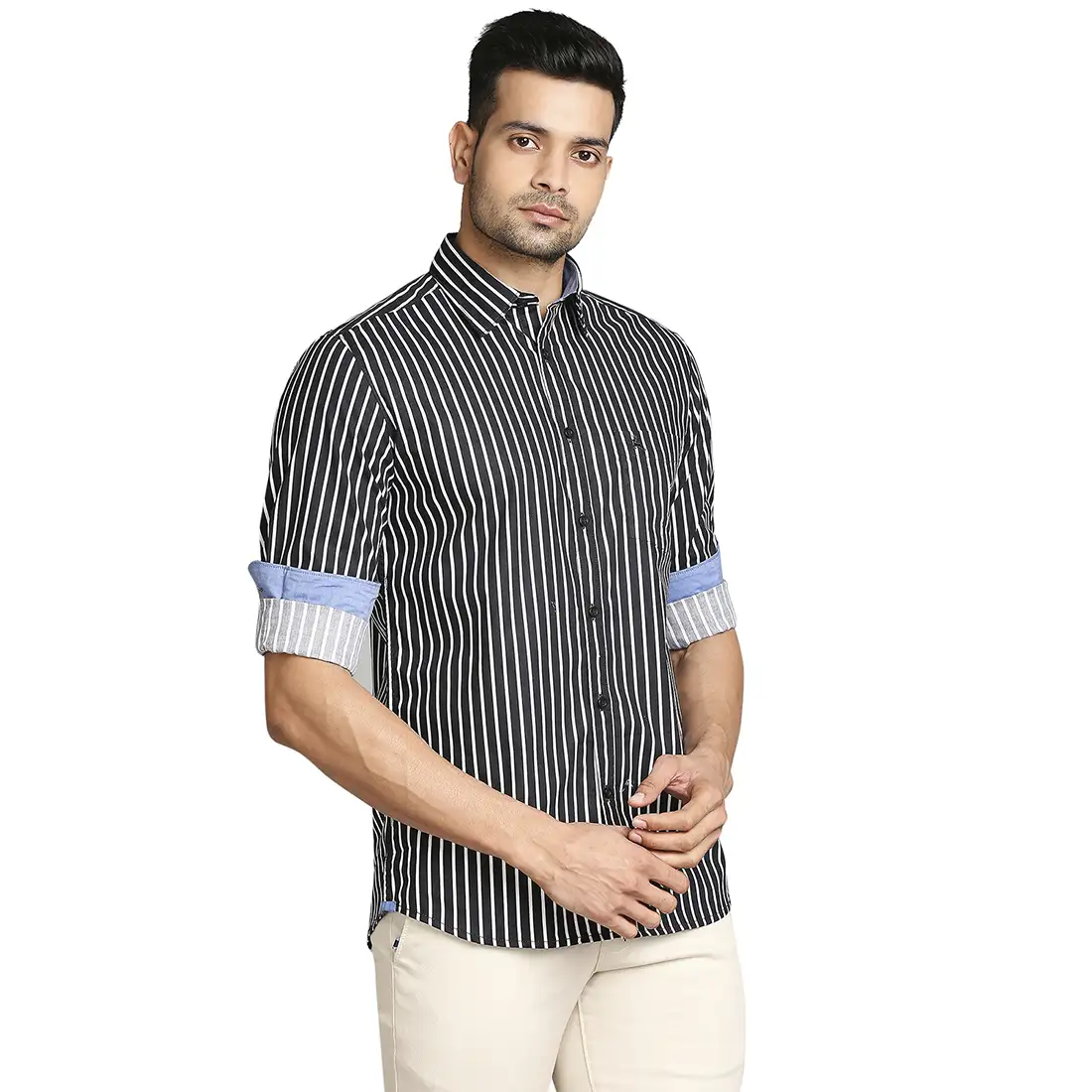 Men Black Slim Fit Stripe Cotton Full Sleeve Shirts - Image 2