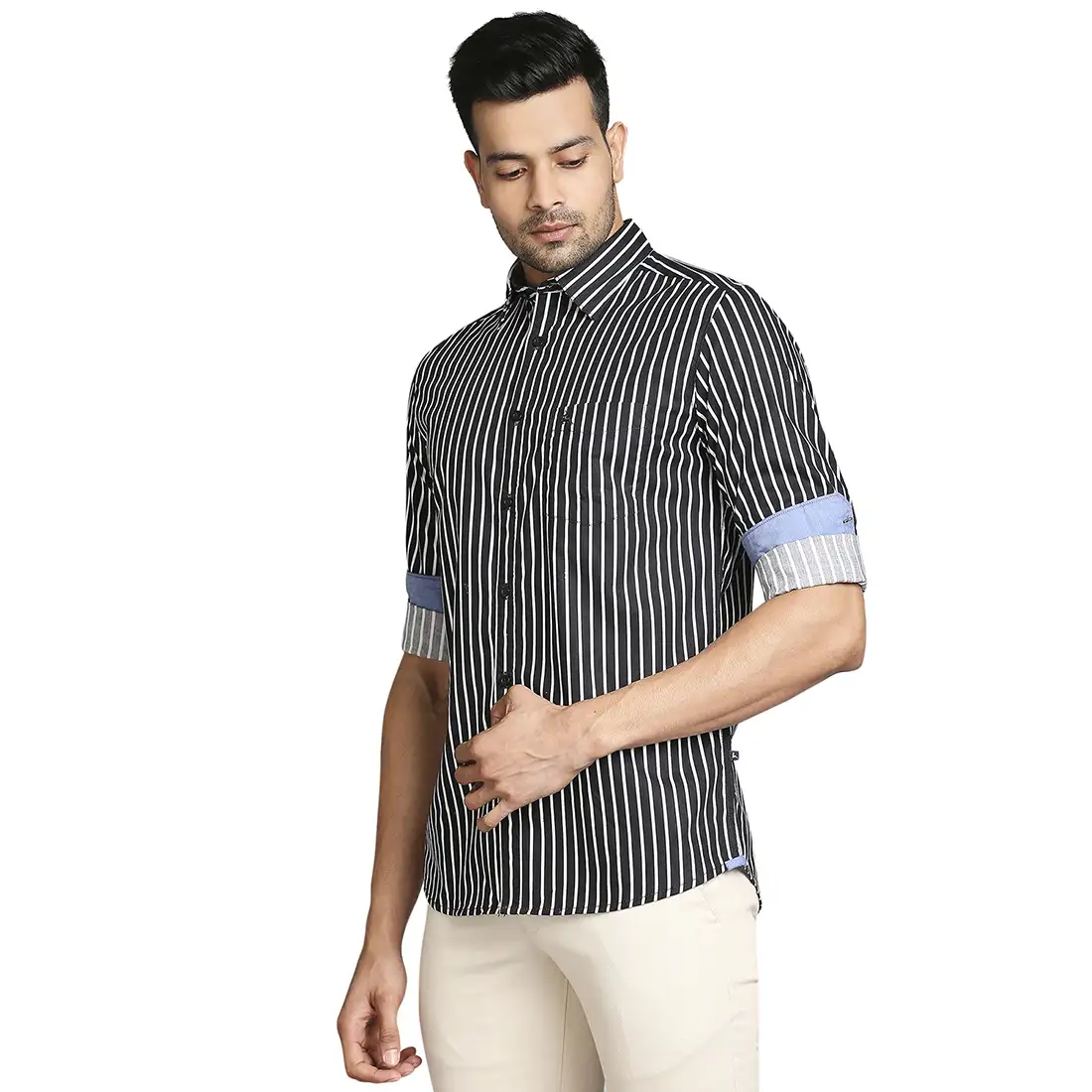 Men Black Slim Fit Stripe Cotton Full Sleeve Shirts - Image 3