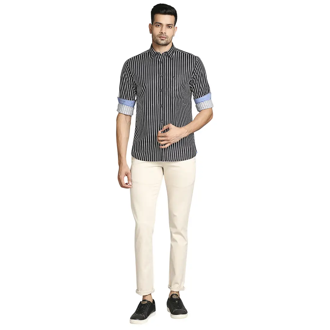 Men Black Slim Fit Stripe Cotton Full Sleeve Shirts - Image 5