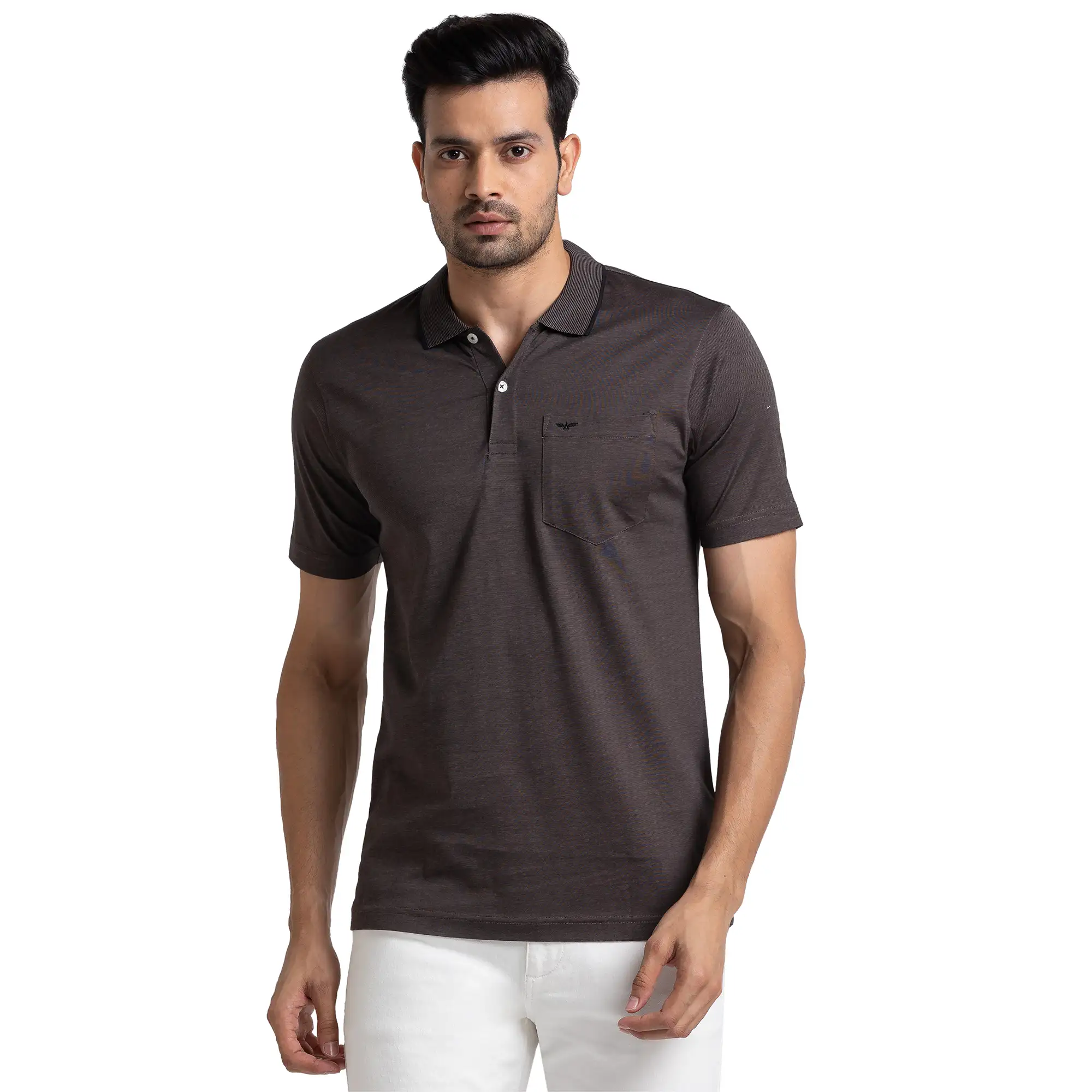 Men Black Slim Fit Two Tone Cotton Round Neck Collar Polo T-Shirt