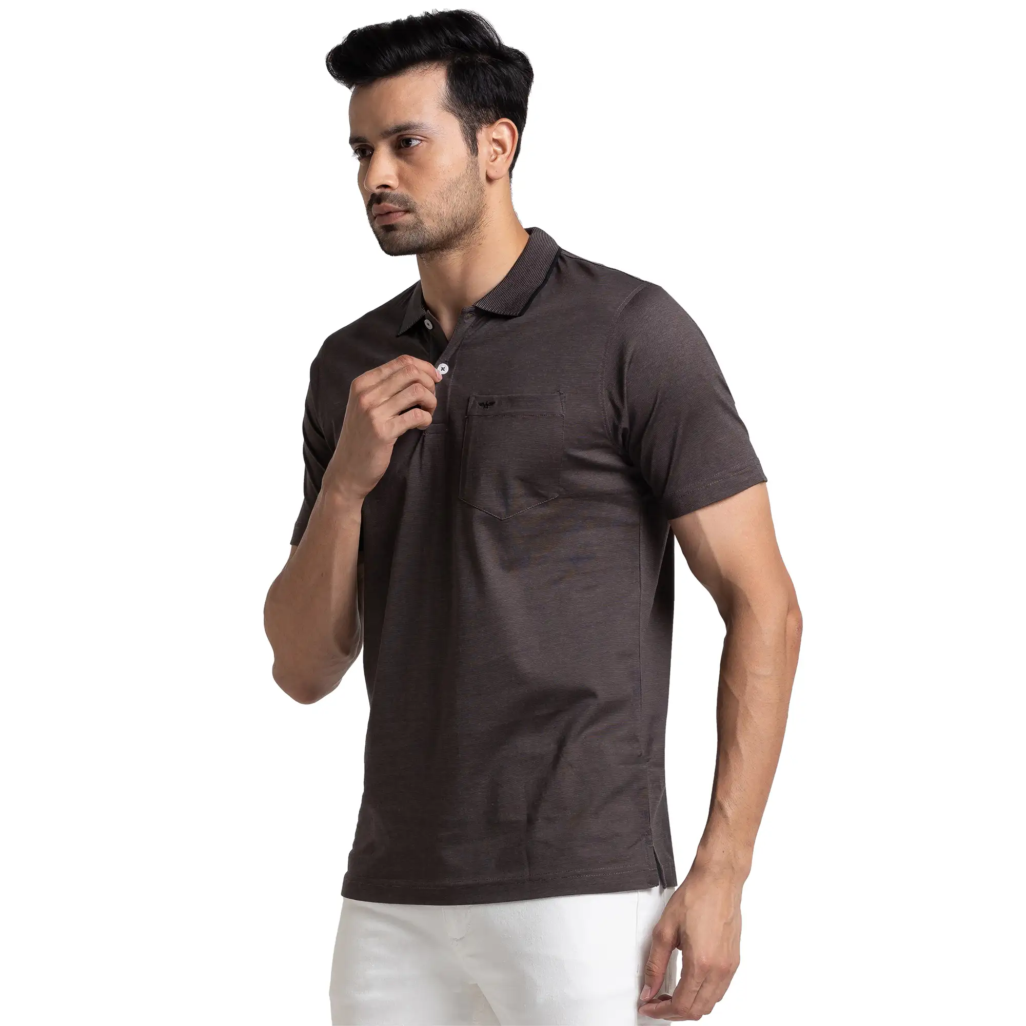 Men Black Slim Fit Two Tone Cotton Round Neck Collar Polo T-Shirt - Image 3