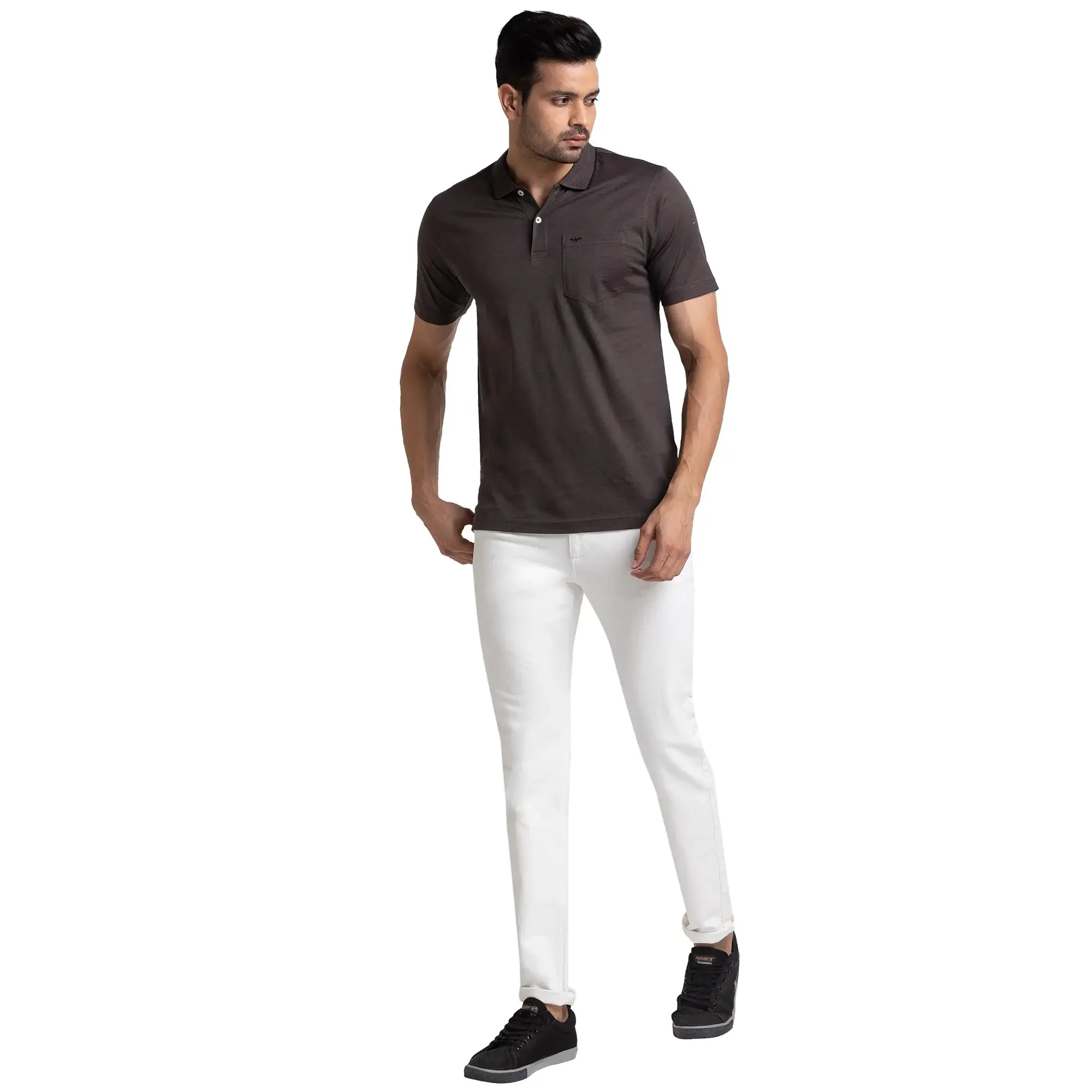 Men Black Slim Fit Two Tone Cotton Round Neck Collar Polo T-Shirt - Image 5