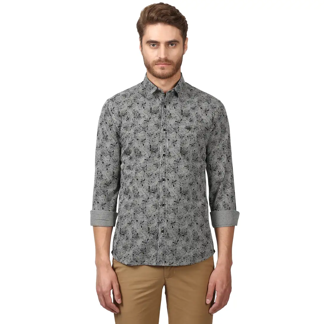 Men Black Slim Fit Yarn Dyed/Print Cotton Ainsley Collar Shirts