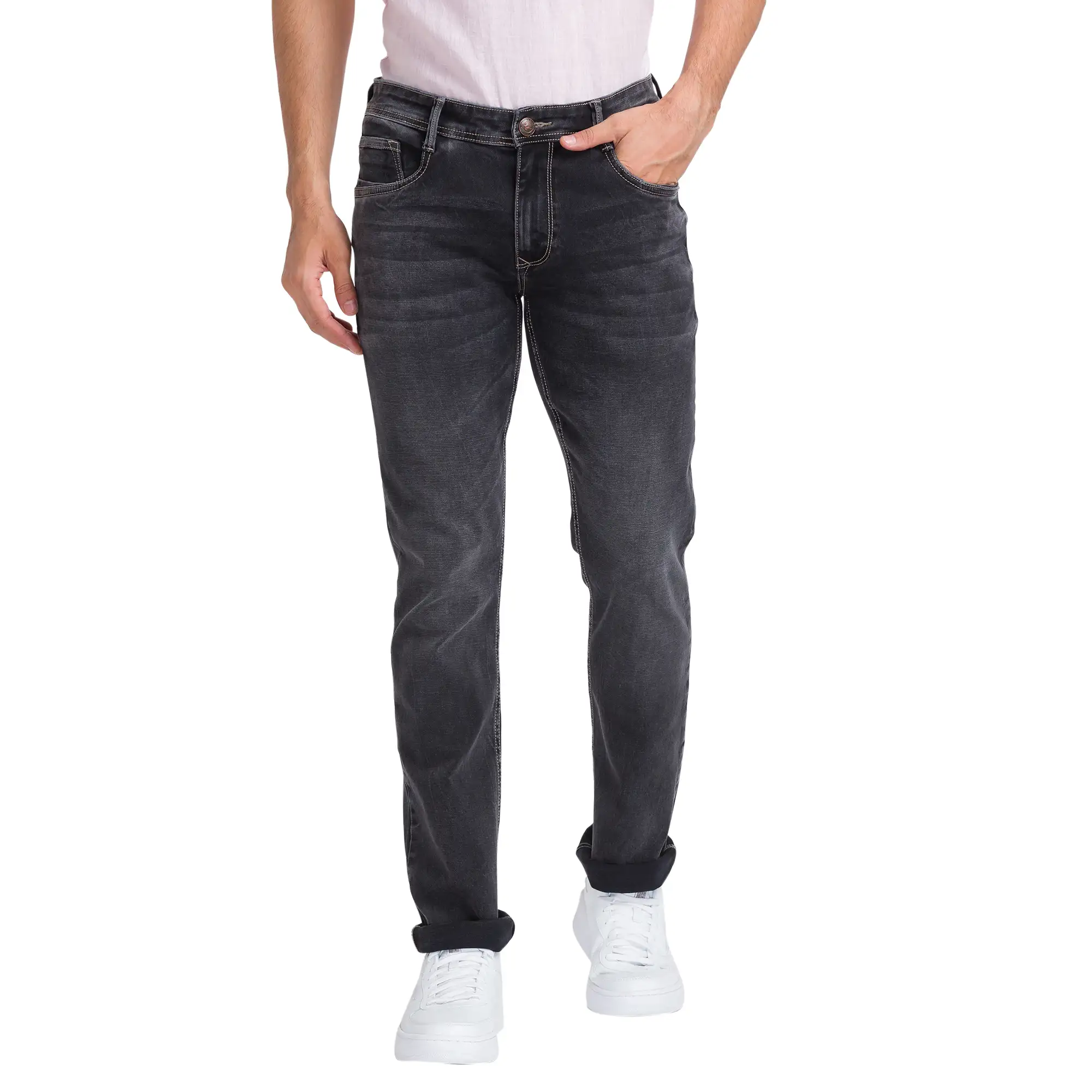 Men Black Slim Tapered Fit Dobby Cotton Blend Jeans