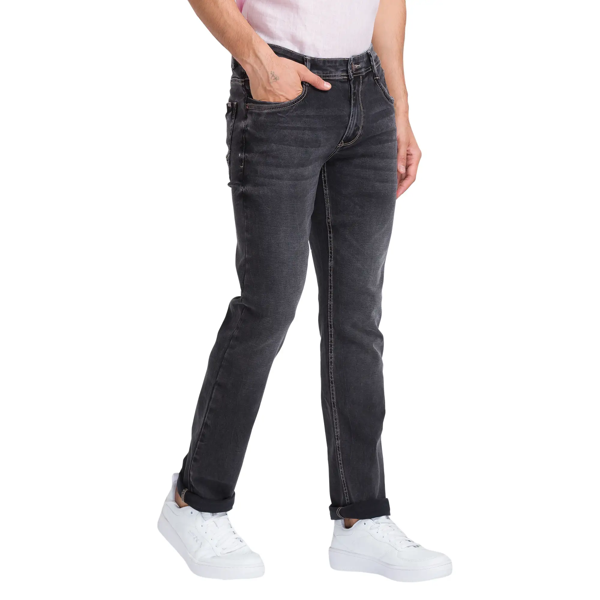 Men Black Slim Tapered Fit Dobby Cotton Blend Jeans - Image 2