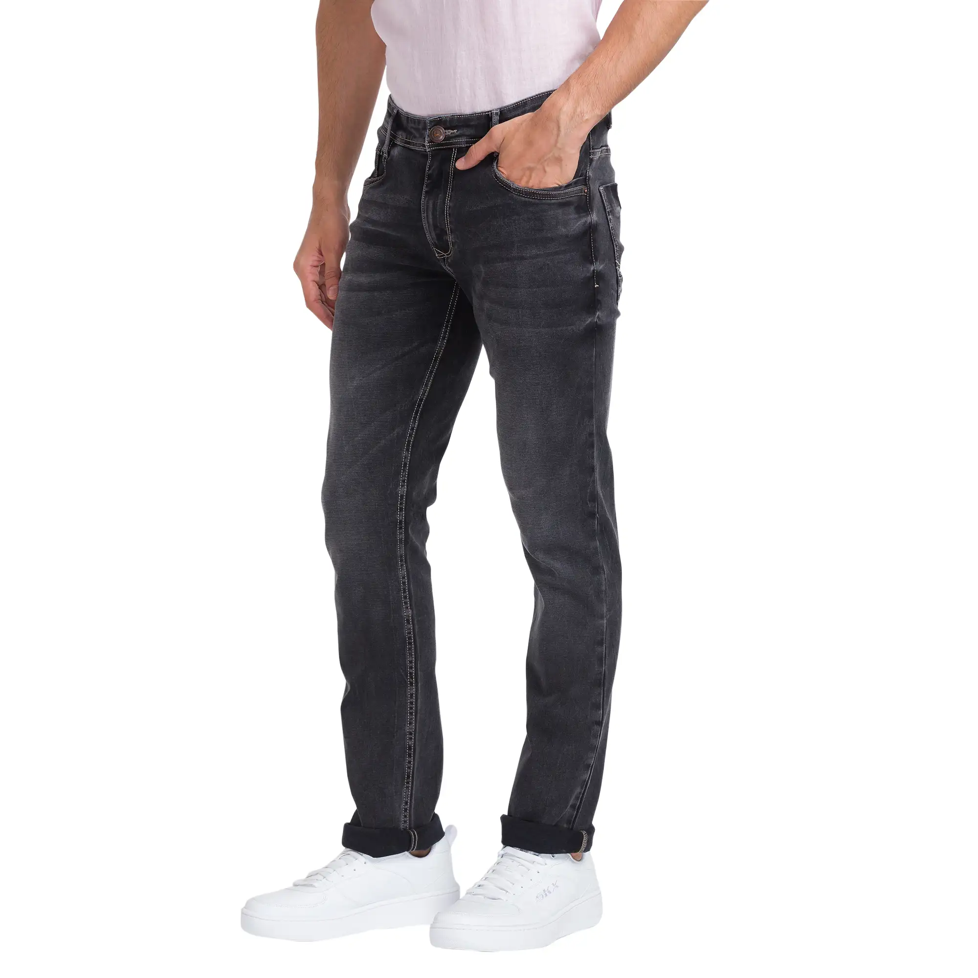Men Black Slim Tapered Fit Dobby Cotton Blend Jeans - Image 3