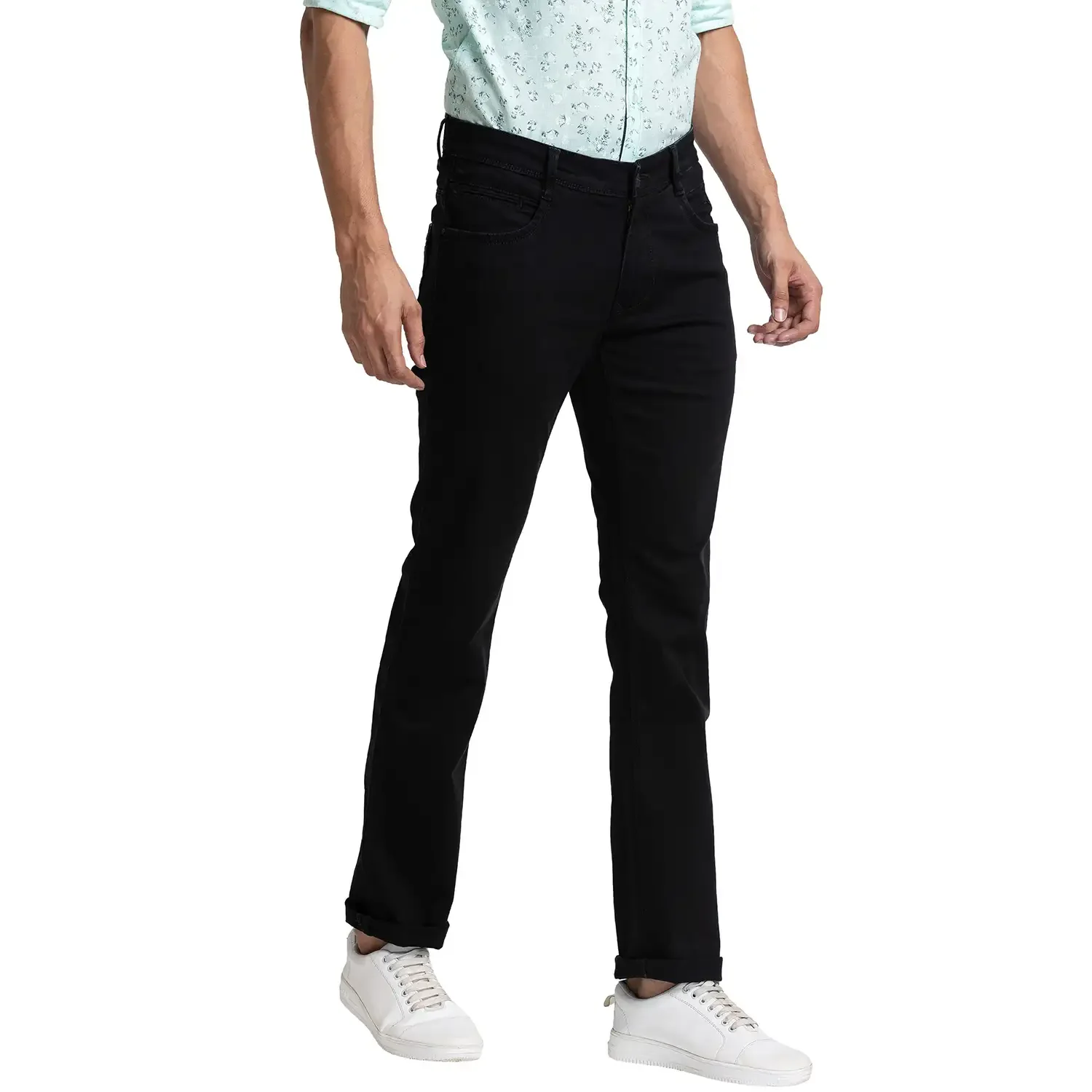 Men Black Slim Tapered Fit Dobby Cotton Blend Jeans - Image 2